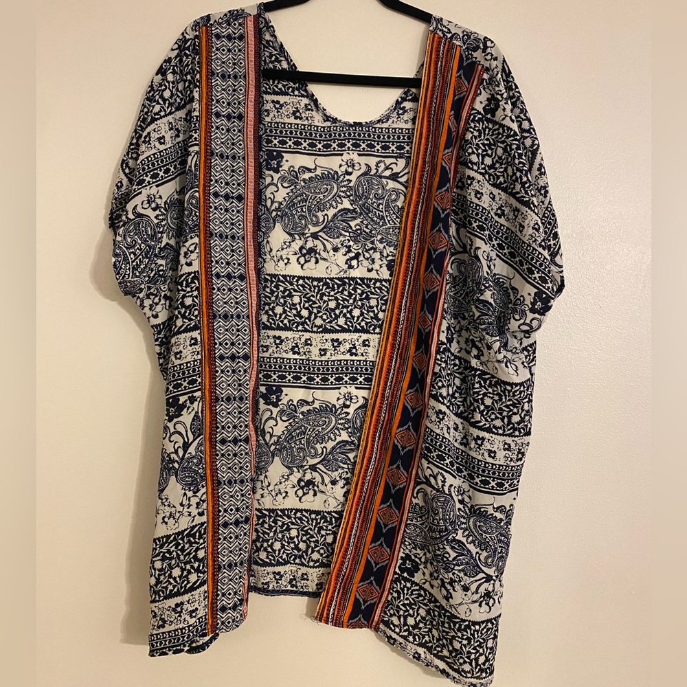 Boho Black & White Patterned Open Front Blouse with Orange Accents, Size Large